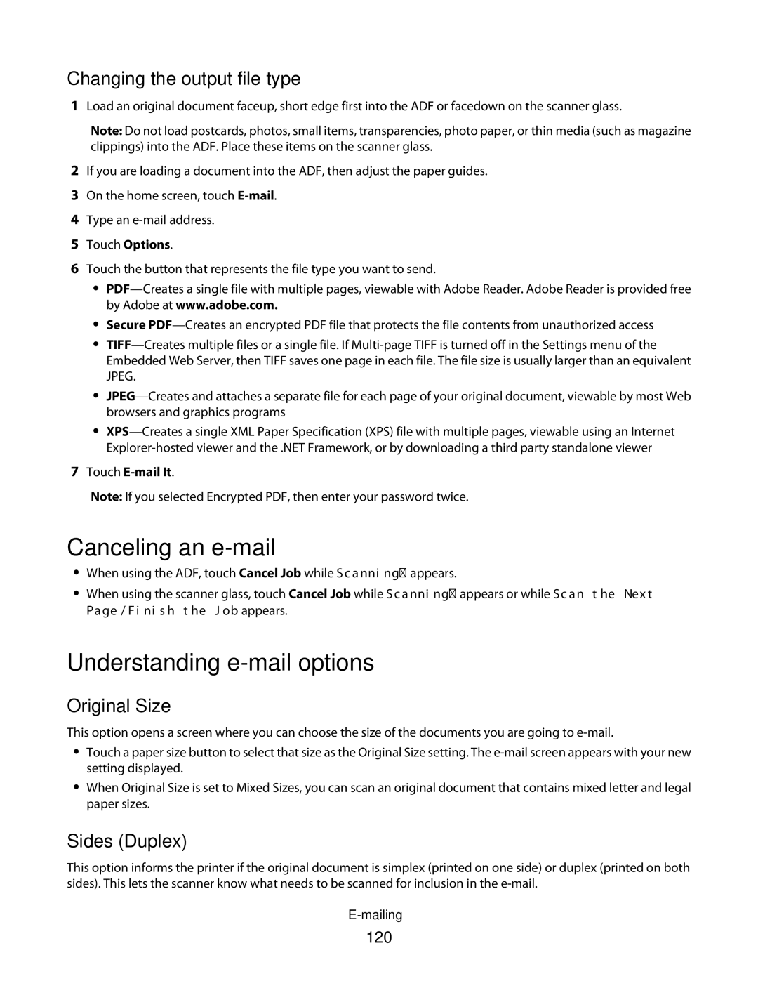 Lexmark hn1, X466de Canceling an e-mail, Understanding e-mail options, Changing the output file type, Original Size, 120 