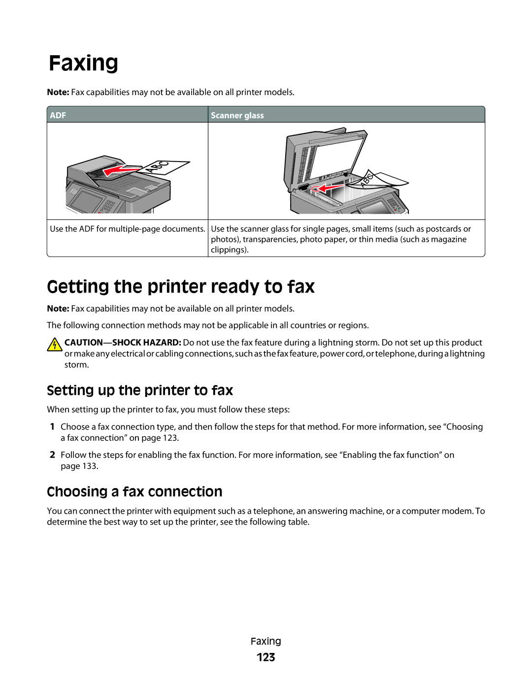 Lexmark n11, 431 Faxing, Getting the printer ready to fax, Setting up the printer to fax, Choosing a fax connection, 123 