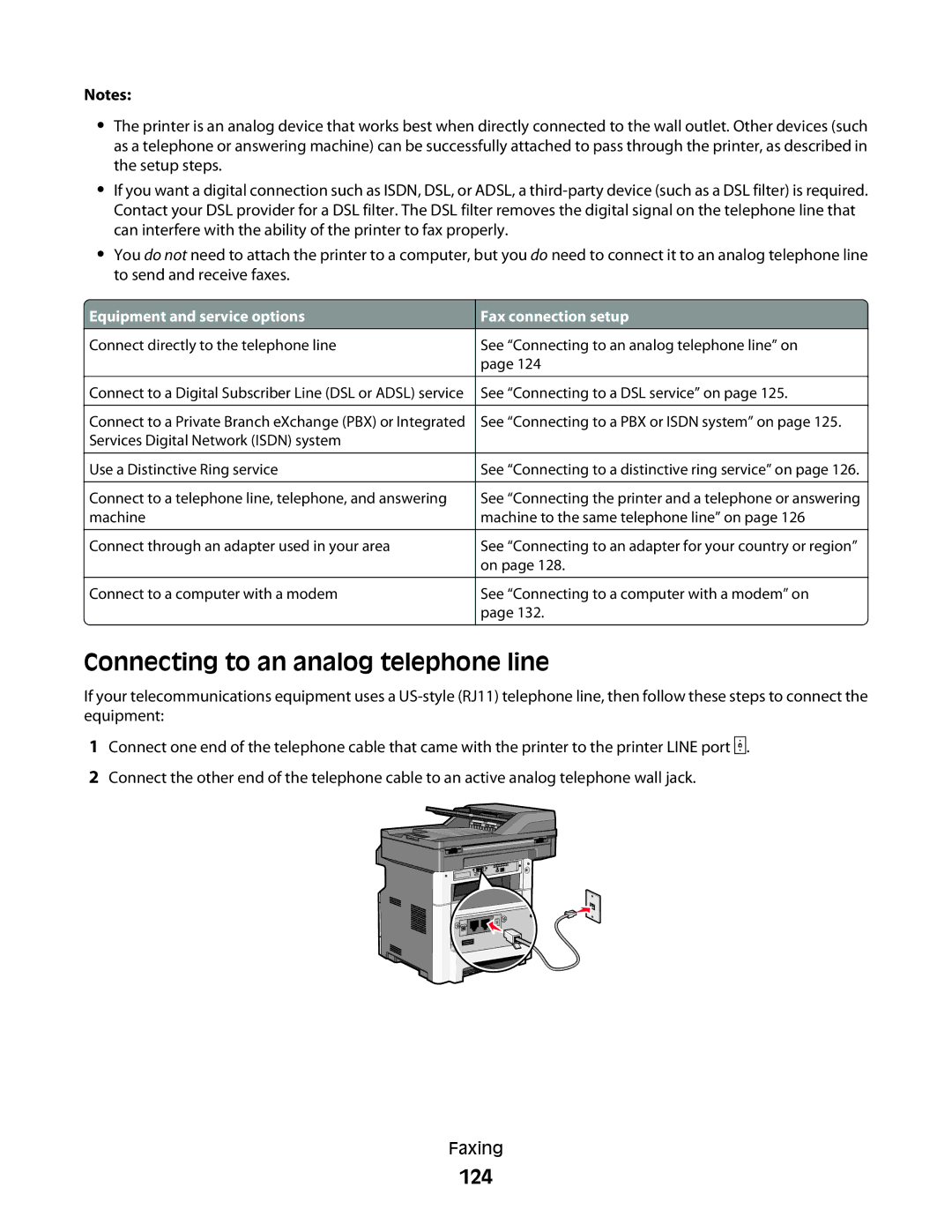 Lexmark n12, X466de, X464de, 431, 63W, 636, g02, g12, g11, g01, hn2, hn1, wh2, wh1, n11 Connecting to an analog telephone line, 124 