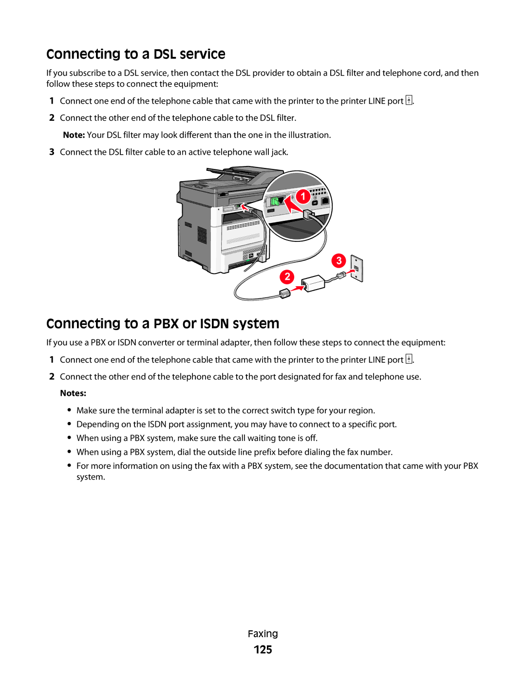 Lexmark X46X, X466de, X464de, 431, 63W, 636, g02, g12, g11 Connecting to a DSL service, Connecting to a PBX or Isdn system, 125 