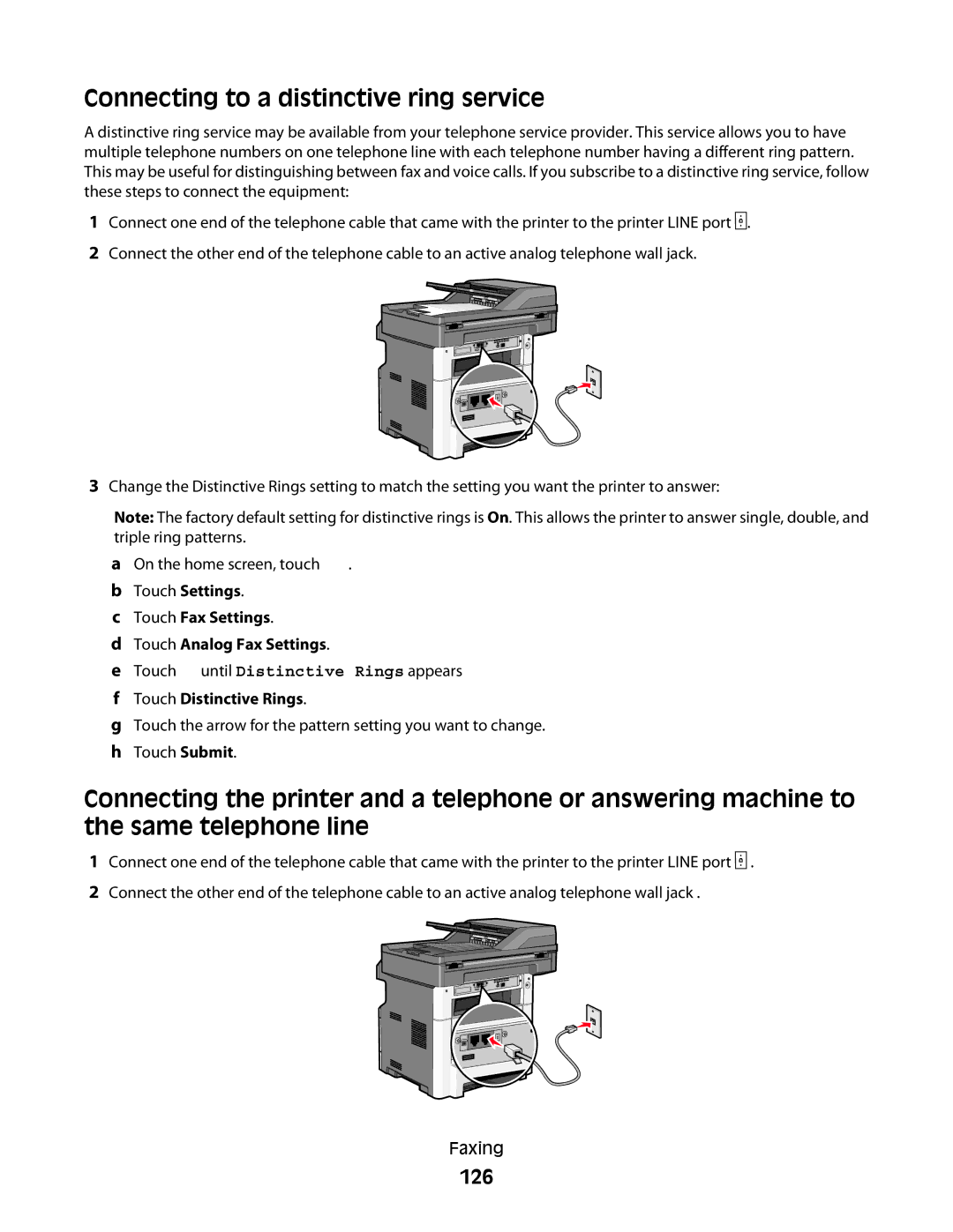 Lexmark X466dte Connecting to a distinctive ring service, 126, Touch Settings Touch Fax Settings Touch Analog Fax Settings 