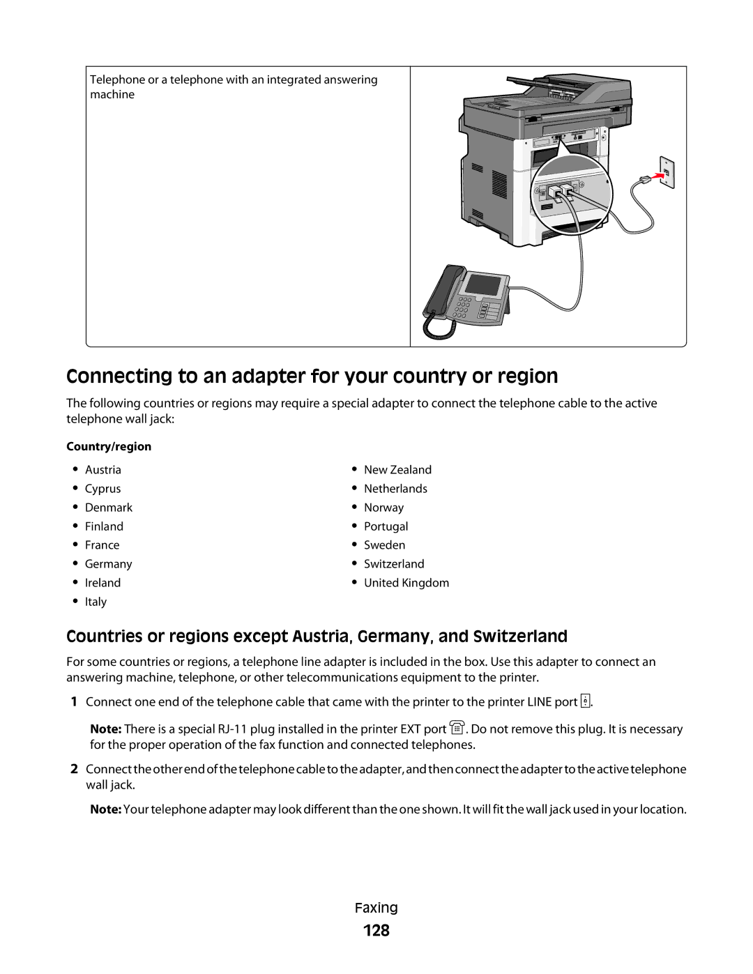 Lexmark 13C0086, X466de, X464de, 431, 63W, 636, g02, g12, g11, g01, hn2 Connecting to an adapter for your country or region, 128 