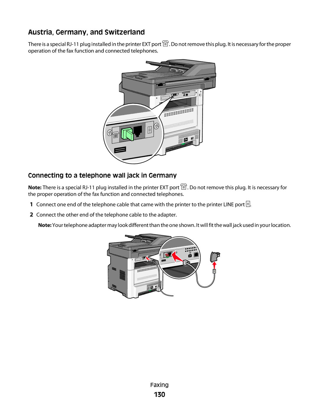 Lexmark 13C0084, X466de, X464de, 431 Austria, Germany, and Switzerland, 130, Connecting to a telephone wall jack in Germany 