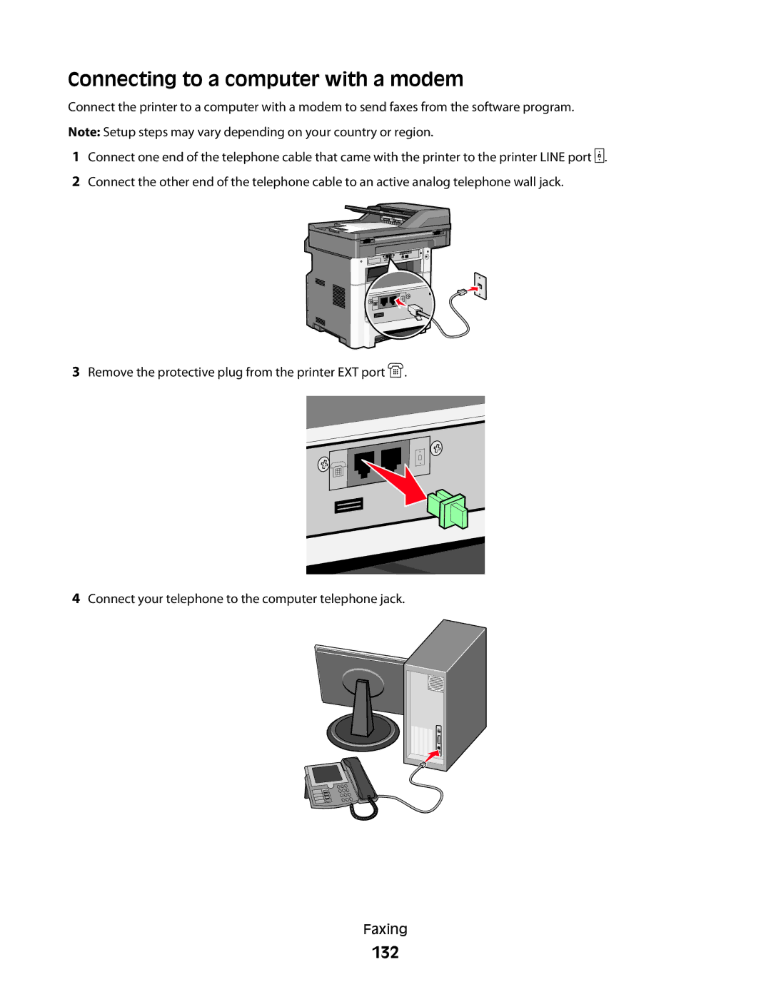 Lexmark X466de, X464de, 431, 63W, 636, g02, g12, g11, g01, hn2, hn1, wh2, wh1, n11, n12, X46X Connecting to a computer with a modem, 132 