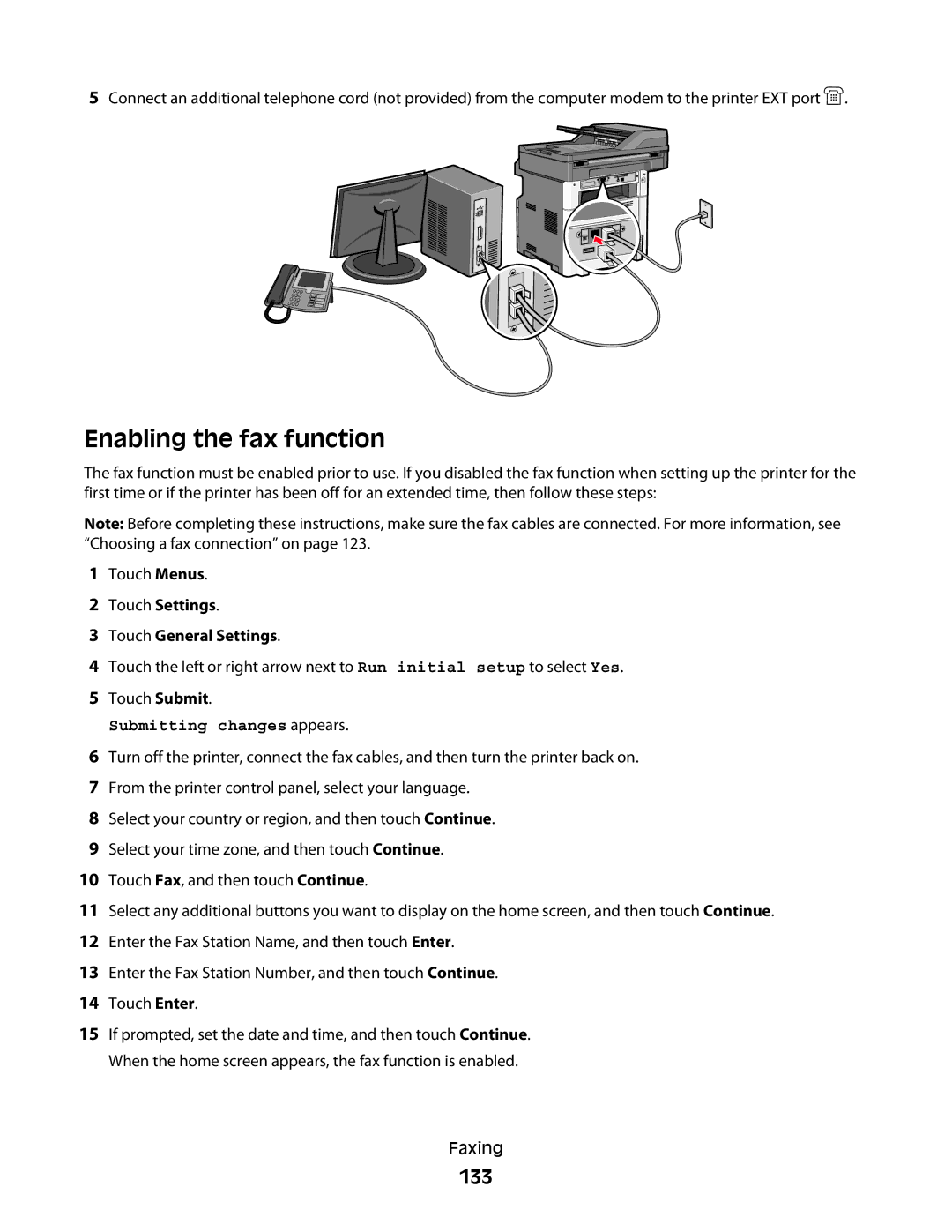 Lexmark X464de, X466de, 431, 63W, 636, g02, g12, g11, g01, hn2, hn1, wh2, wh1, n11, n12, X46X, X466dte Enabling the fax function, 133 