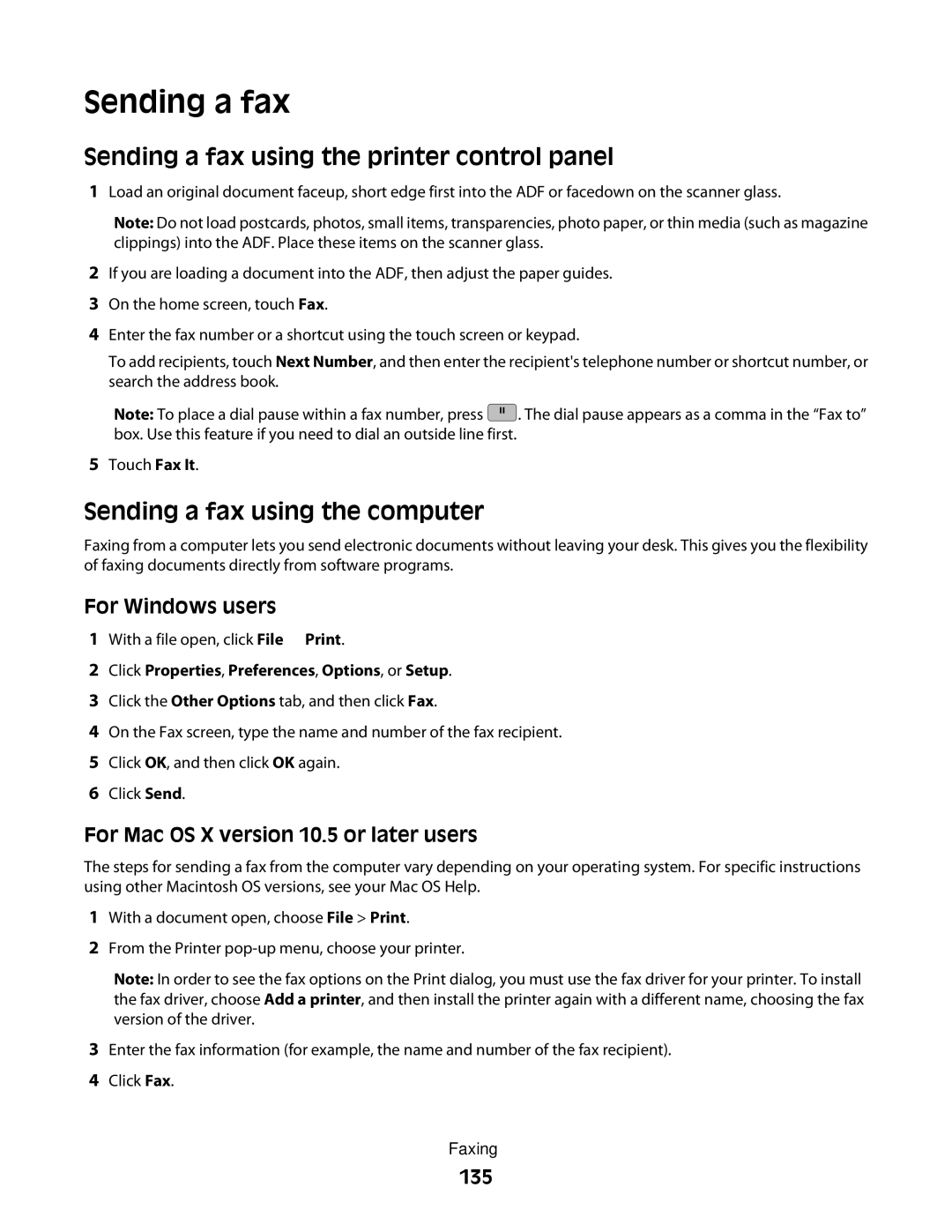 Lexmark 63W, X466de, X464de, 431 Sending a fax using the printer control panel, Sending a fax using the computer, 135 