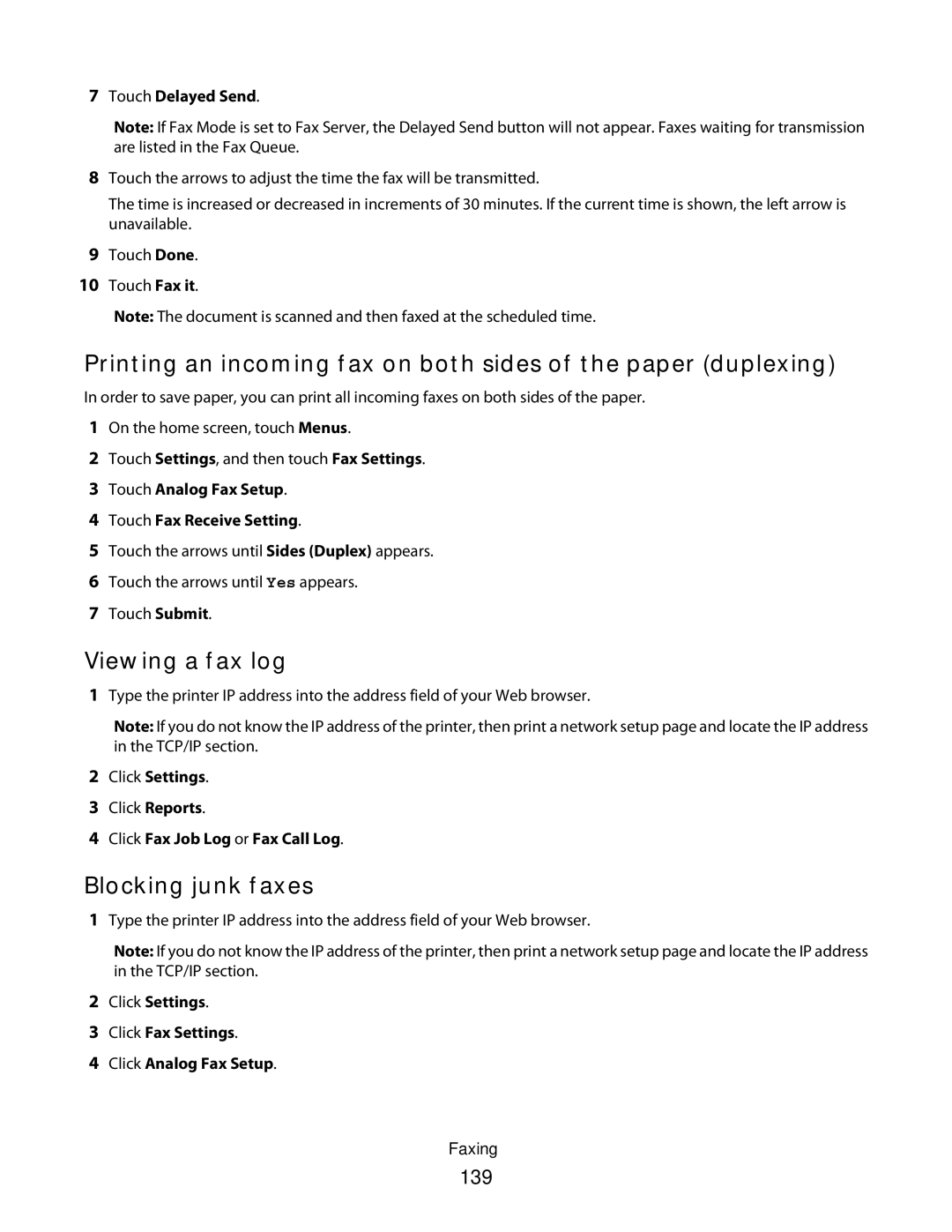 Lexmark g11, X466de, X464de, 431, 63W, 636, g02, g12, g01, hn2, hn1, wh2, wh1, n11, n12 Viewing a fax log, Blocking junk faxes, 139 