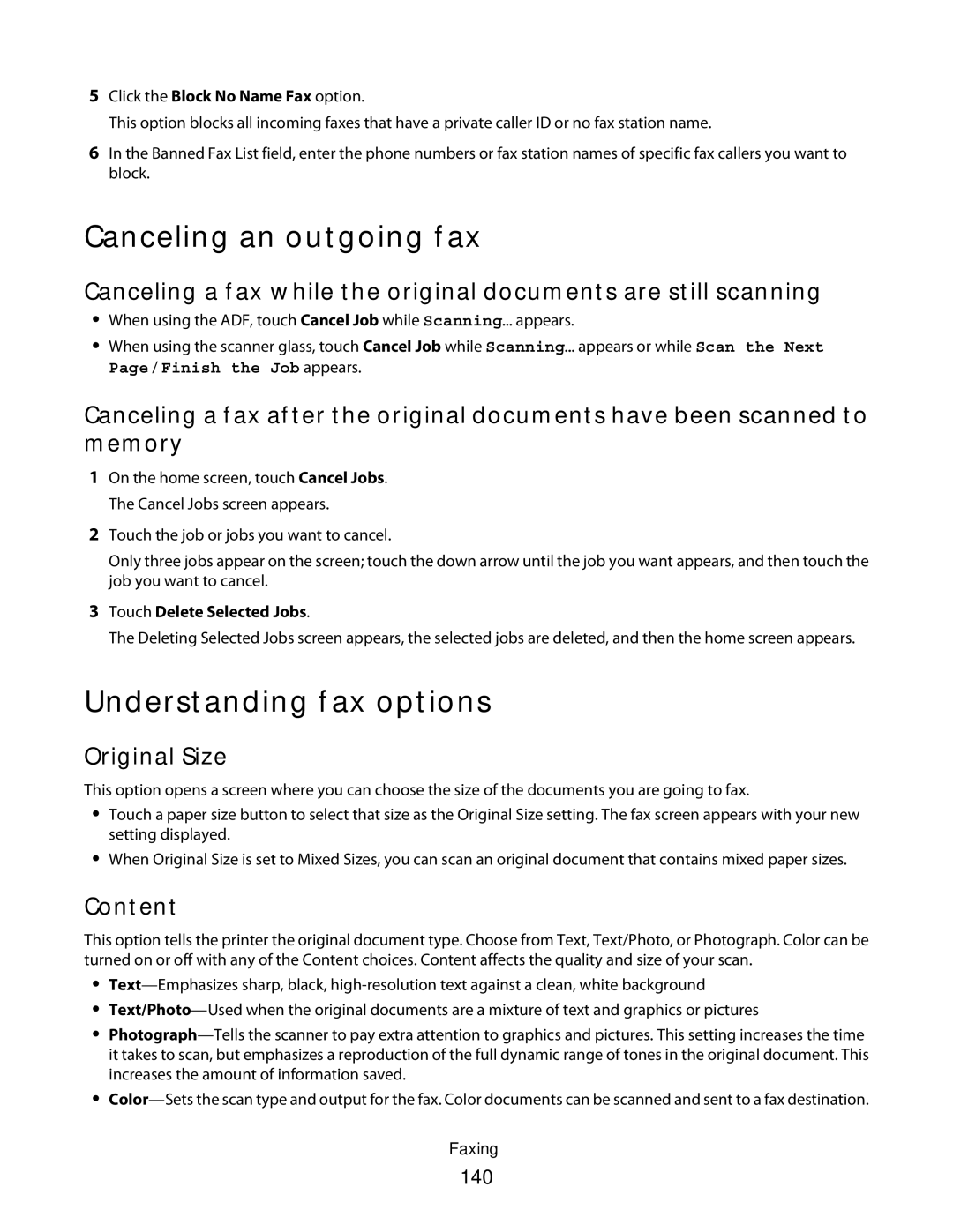 Lexmark g01, X466de, X464de Canceling an outgoing fax, Understanding fax options, 140, Click the Block No Name Fax option 