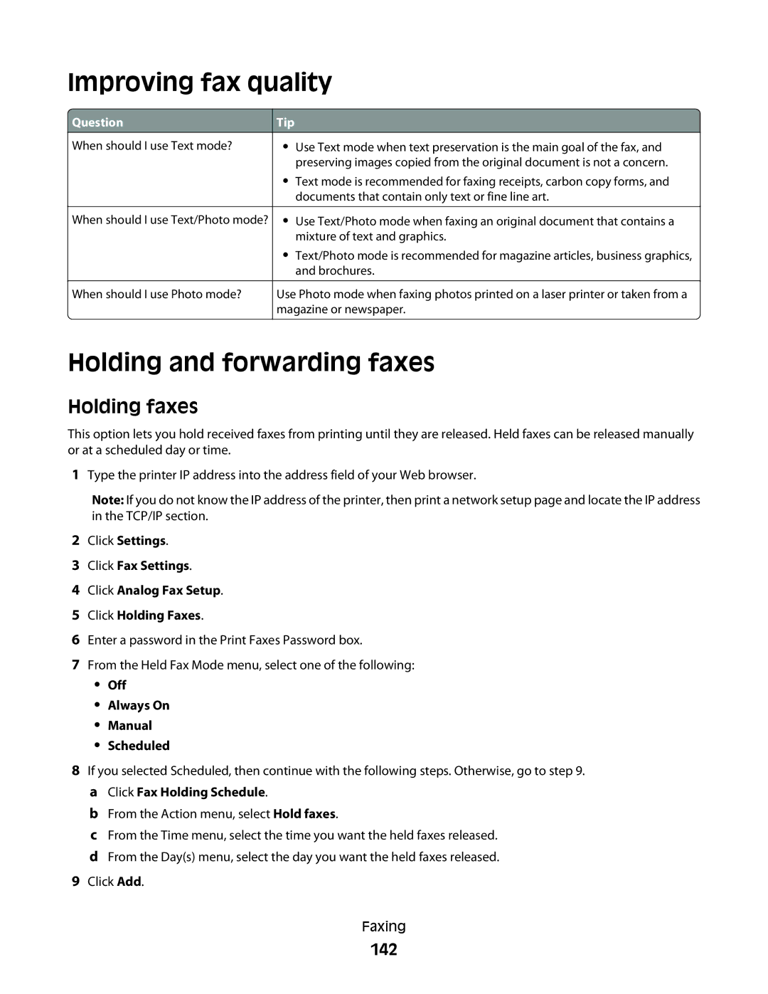 Lexmark hn1, 431 Improving fax quality, Holding and forwarding faxes, Holding faxes, 142, Off Always On Manual Scheduled 