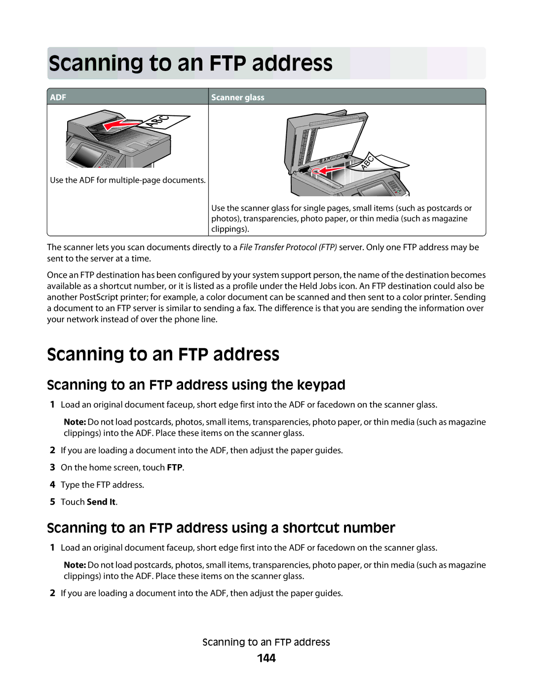 Lexmark wh1, 431 Scanning to an FTP address using the keypad, Scanning to an FTP address using a shortcut number, 144 