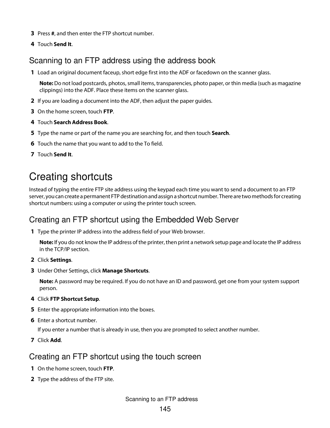 Lexmark n11 Scanning to an FTP address using the address book, Creating an FTP shortcut using the Embedded Web Server, 145 