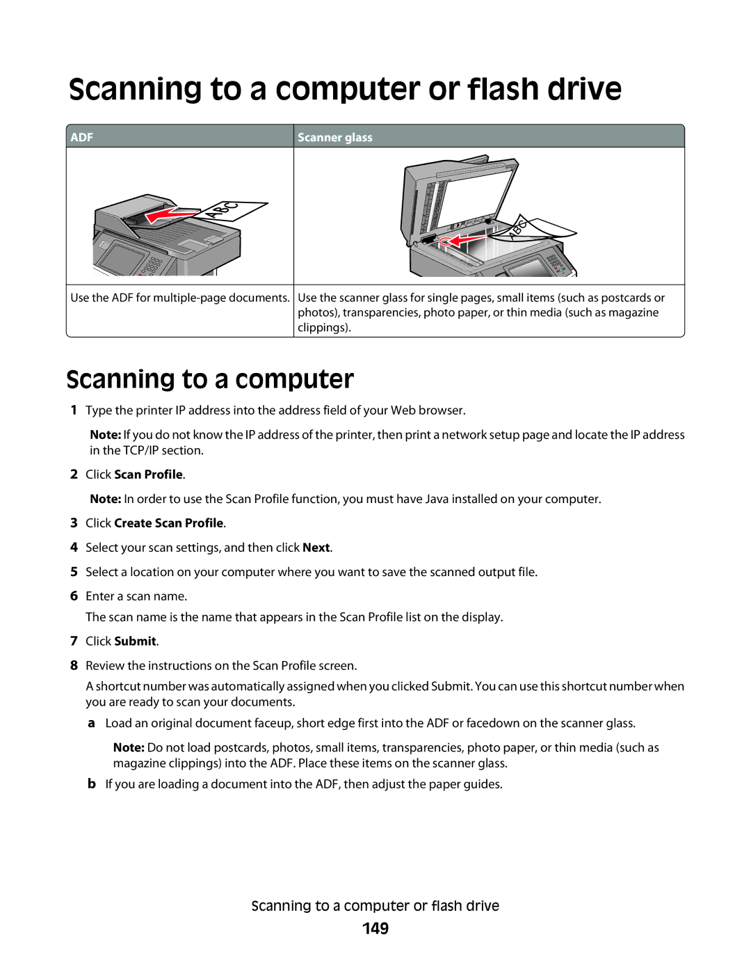 Lexmark 13C1265, X466de, X464de Scanning to a computer or flash drive, 149, Click Scan Profile Click Create Scan Profile 