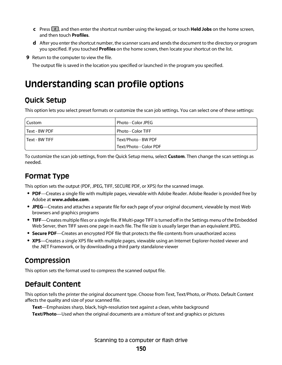 Lexmark 13C0086, X466de, X464de Understanding scan profile options, Quick Setup, Format Type, Compression, Default Content 