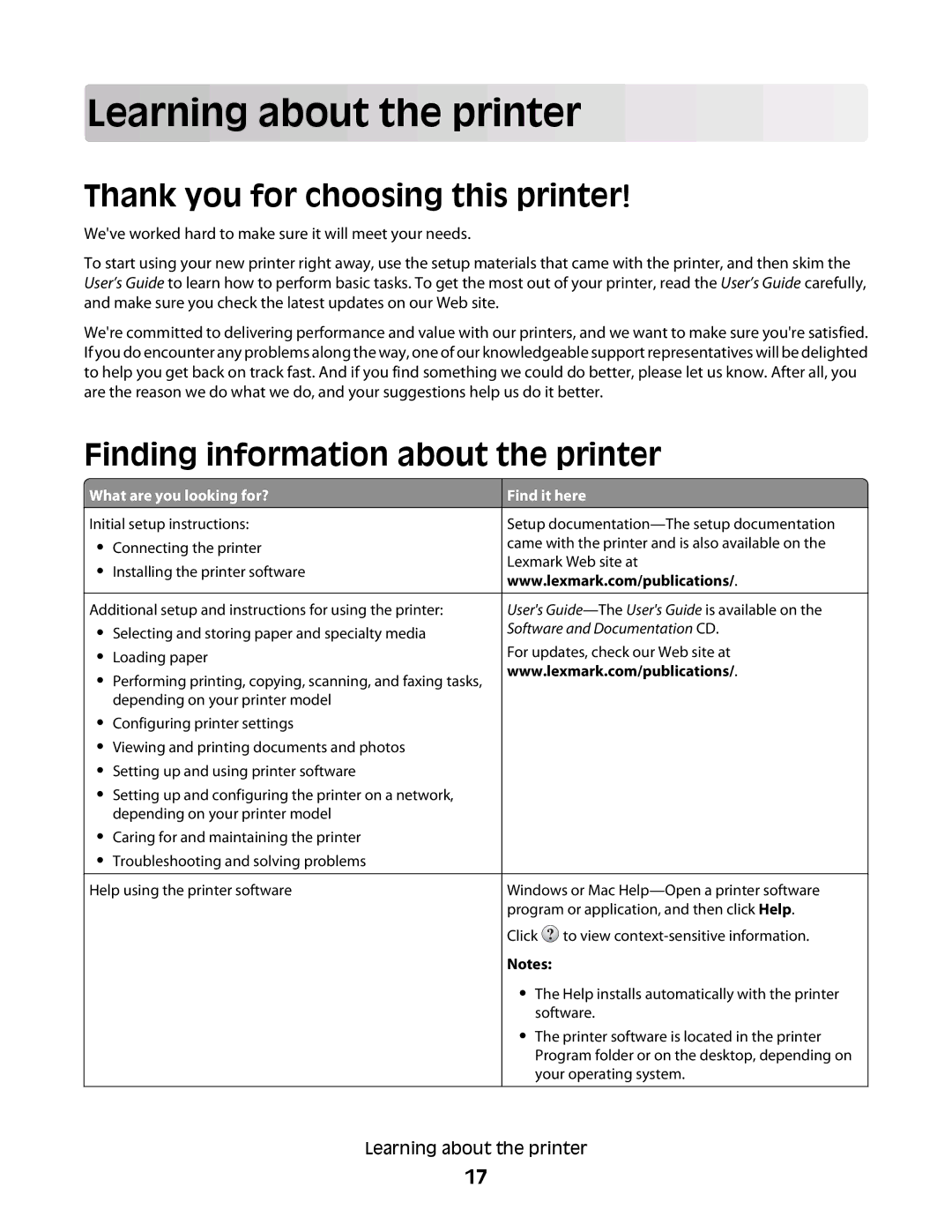 Lexmark 13C1265 Learning about the printer, Thank you for choosing this printer, Finding information about the printer 