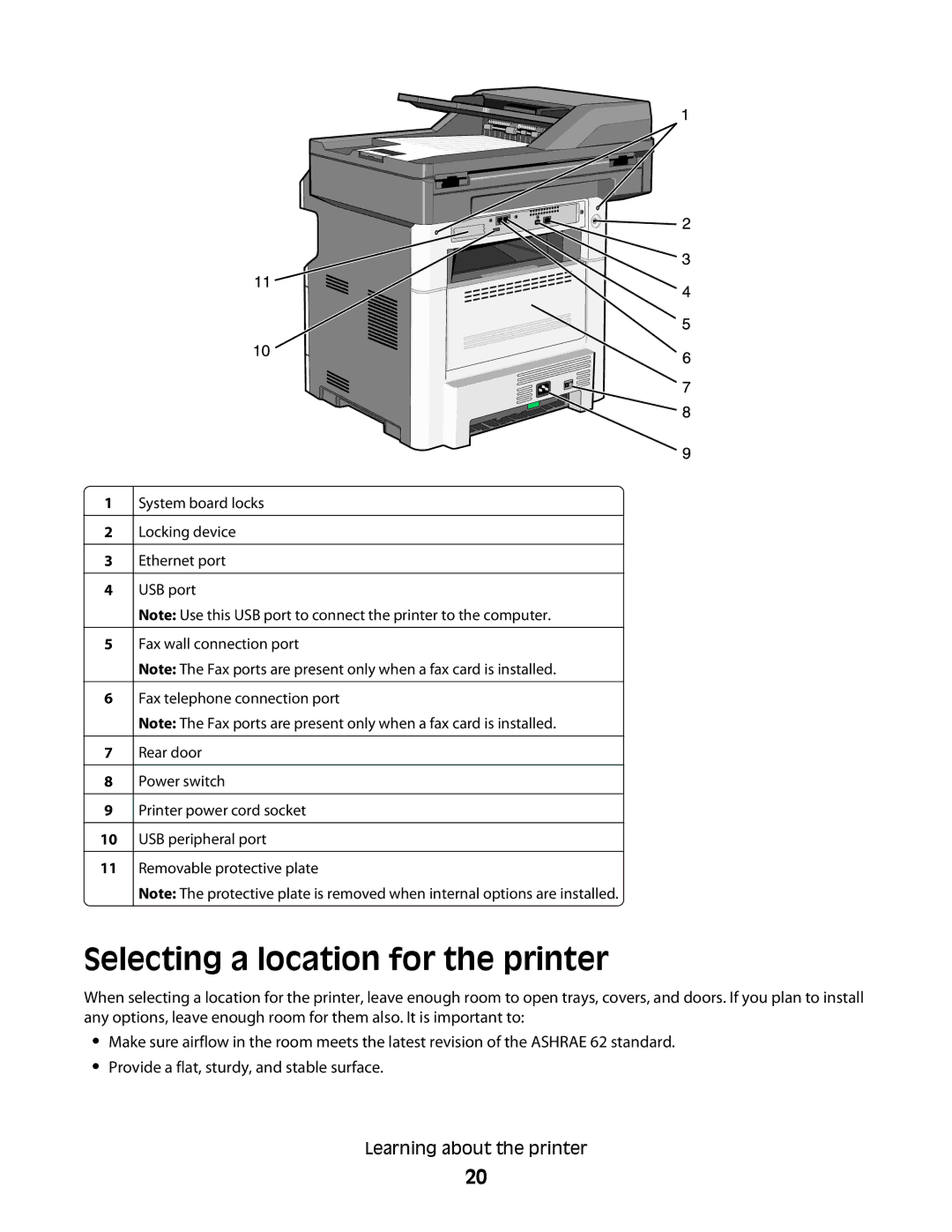 Lexmark 13C0084, X466de, X464de, 431, 63W, 636, g02, g12, g11, g01, hn2, hn1, wh2, wh1, n11, n12 Selecting a location for the printer 