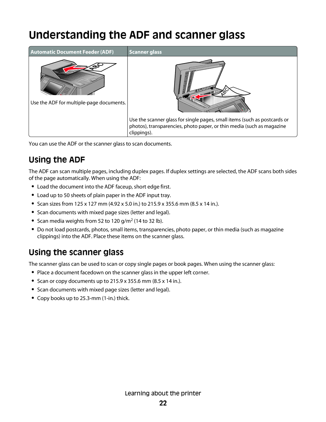 Lexmark X466de, X464de, 431, 63W, 636, g02, g12 Understanding the ADF and scanner glass, Using the ADF, Using the scanner glass 