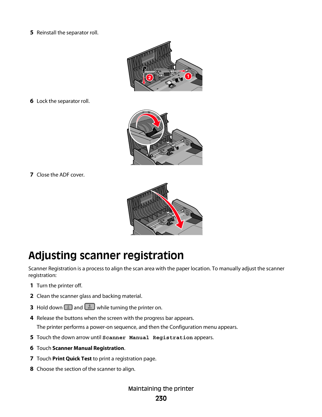 Lexmark hn1, X466de, X464de, 431, 63W, 636, g02, g12, g11 Adjusting scanner registration, 230, Touch Scanner Manual Registration 