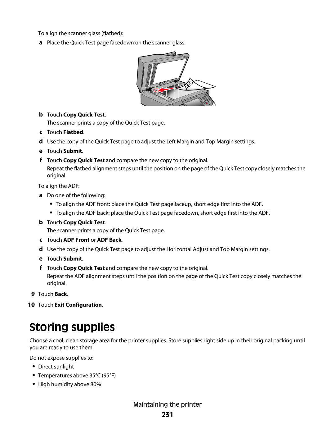 Lexmark wh2, X466de Storing supplies, 231, Touch Copy Quick Test, Touch ADF Front or ADF Back, Touch Exit Configuration 