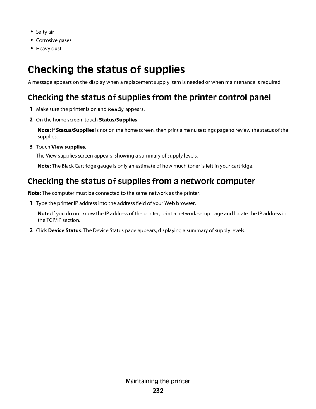 Lexmark wh1, X466de, X464de, 431, 63W Checking the status of supplies from a network computer, 232, Touch View supplies 