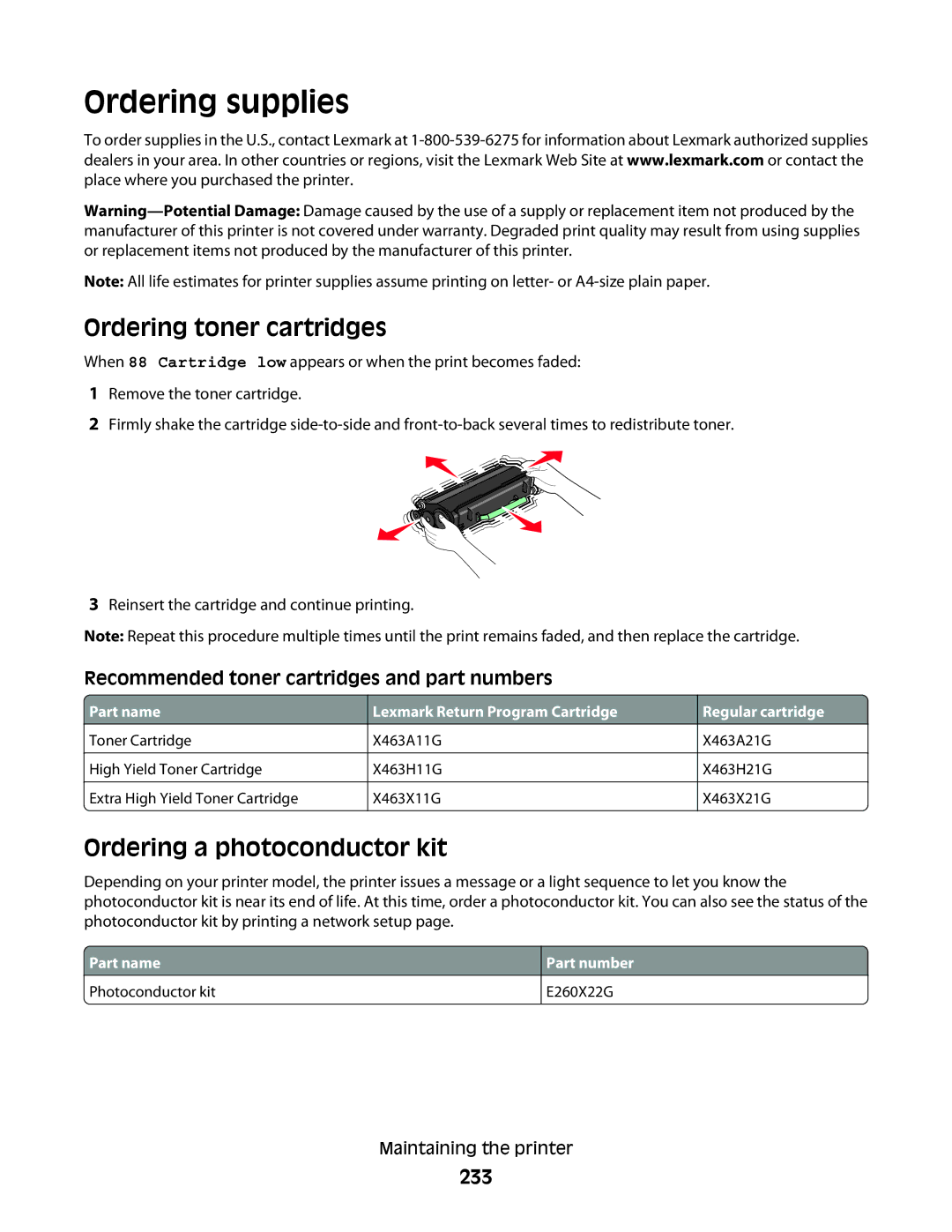 Lexmark n11, X466de, X464de, 431, 63W, 636 Ordering supplies, Ordering toner cartridges, Ordering a photoconductor kit, 233 