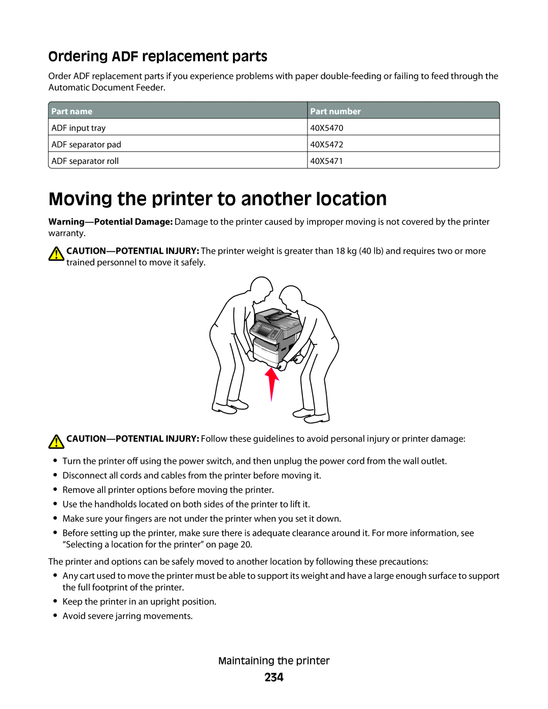 Lexmark n12, X466de, X464de, 431, 63W, 636, g02, g12 Moving the printer to another location, Ordering ADF replacement parts, 234 