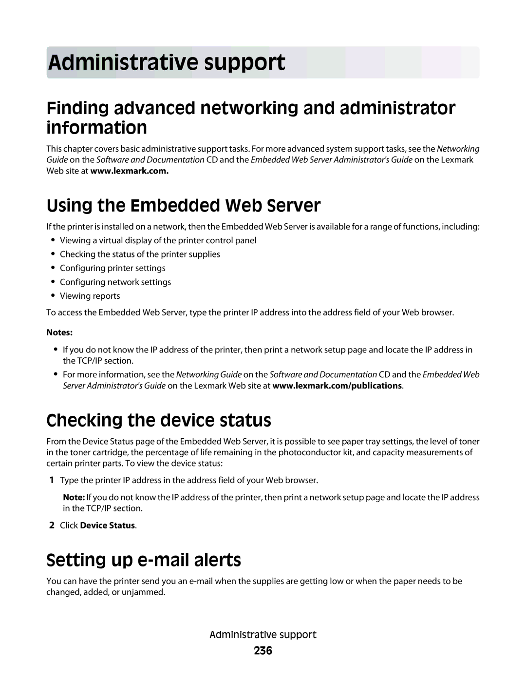 Lexmark X466dte Administrative support, Checking the device status, Setting up e-mail alerts, 236, Click Device Status 