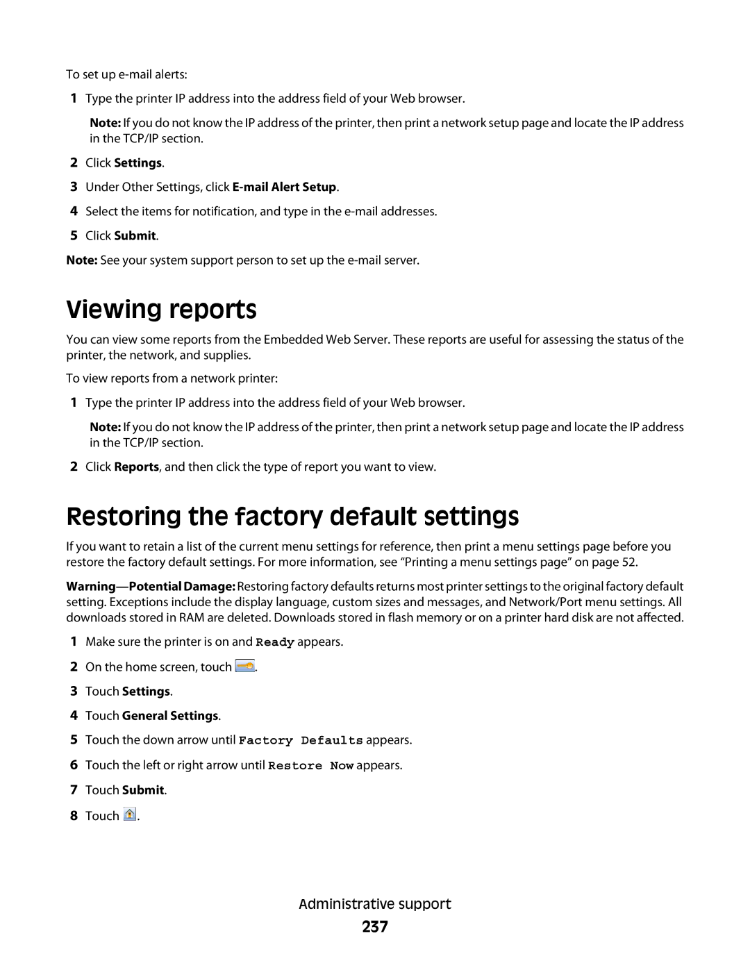 Lexmark 13C1265, X466de, X464de, 431, 63W, 636, g02, g12, g11, g01 Viewing reports, Restoring the factory default settings, 237 