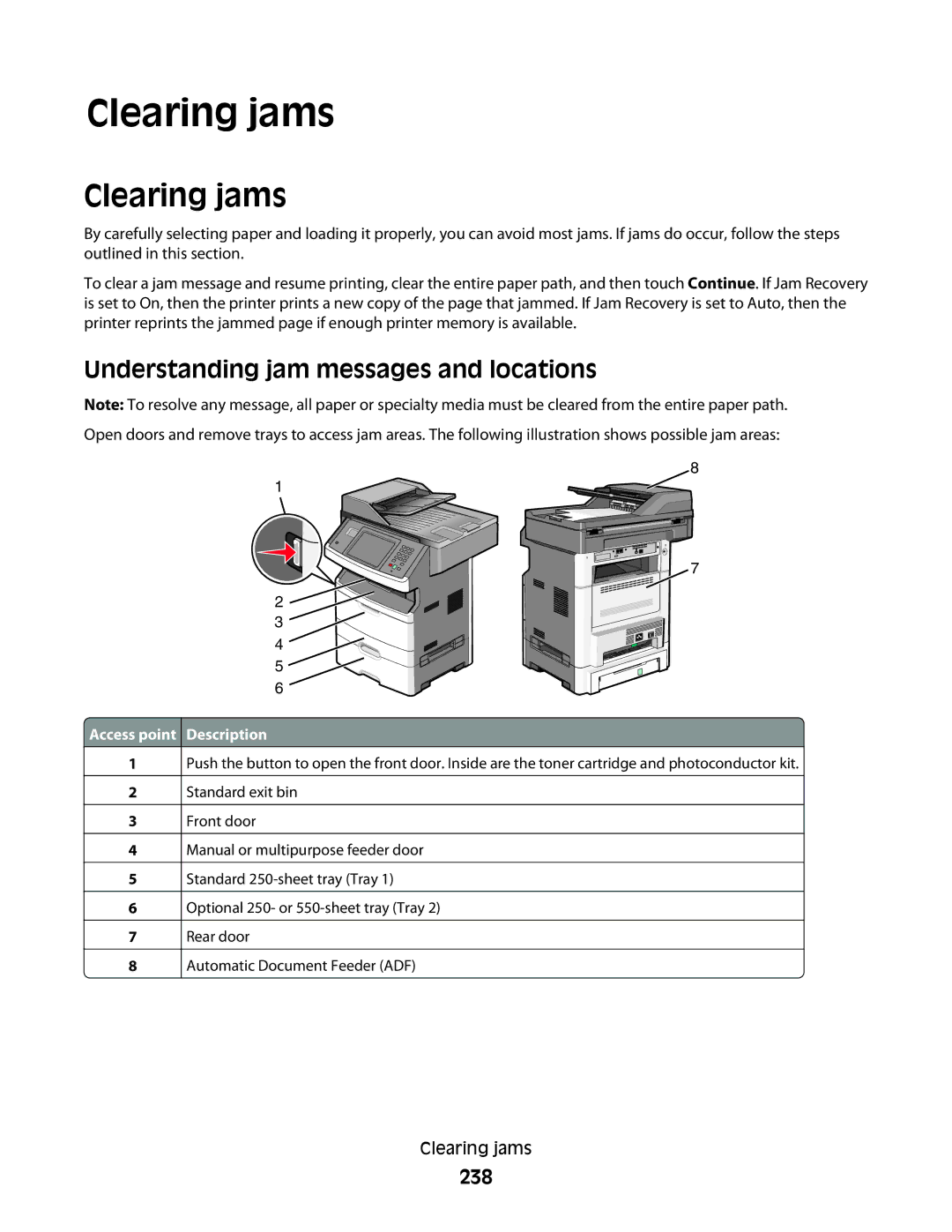 Lexmark 13C0086, X466de, X464de, 431, 63W, 636, g02, g12, g11, g01 Clearing jams, Understanding jam messages and locations, 238 