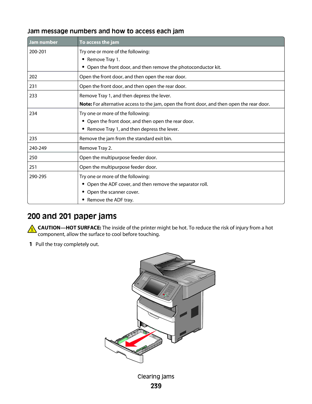 Lexmark 13C1262, X466de, X464de, 431, 63W, 636, g02, g12, g11, g01 paper jams, 239, Jam message numbers and how to access each jam 