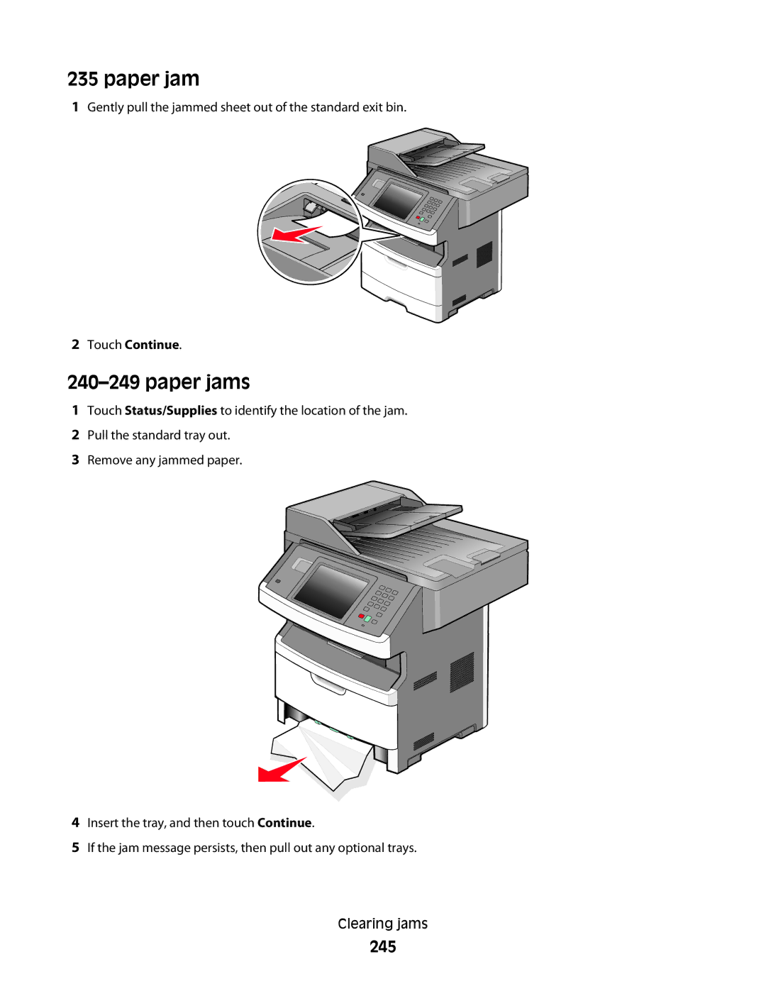 Lexmark 63W, X466de, X464de, 431, 636, g02, g12, g11, g01, hn2, hn1, wh2, wh1, n11, n12, X46X, X466dte, 13C1265, 13C0086 Paper jams, 245 