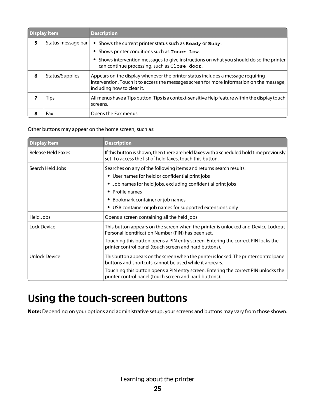 Lexmark 63W, X466de, X464de, 431, 636 Using the touch-screen buttons, Other buttons may appear on the home screen, such as 