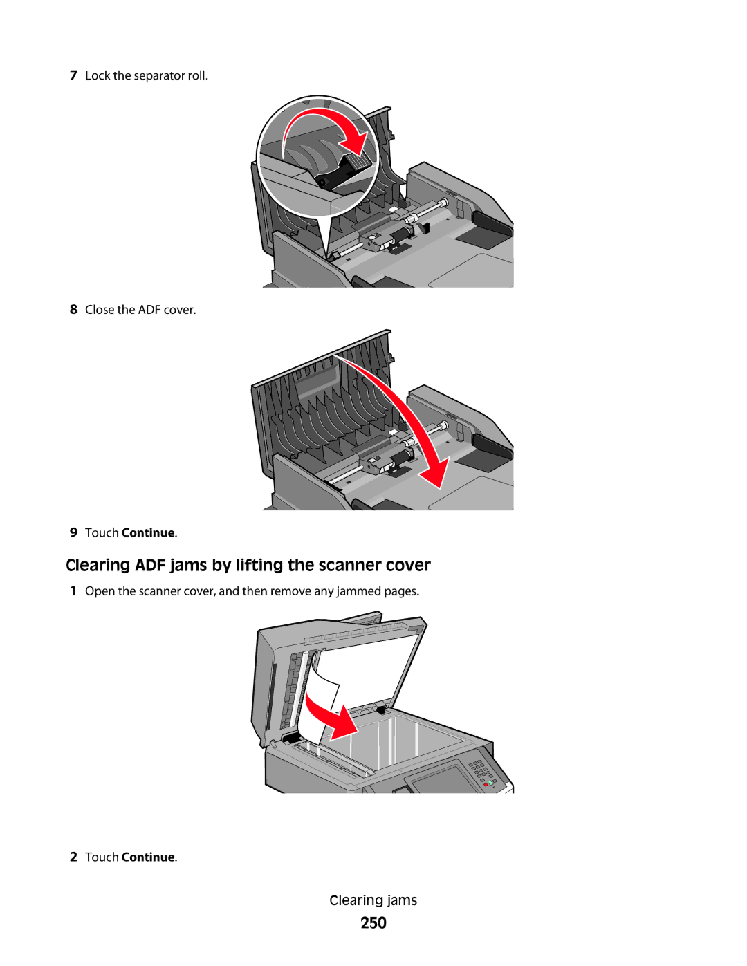 Lexmark g01, X466de, X464de, 431, 63W, 636, g02, g12, g11, hn2, hn1, wh2, wh1, n11 Clearing ADF jams by lifting the scanner cover, 250 