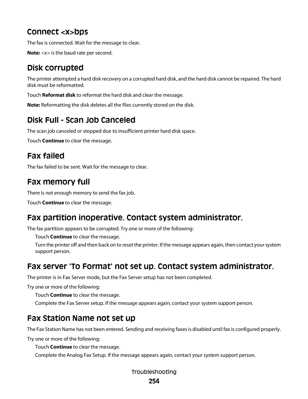 Lexmark wh1, X466de, X464de, 431, 63W Connect xbps, Disk corrupted, Disk Full Scan Job Canceled, Fax failed, Fax memory full 