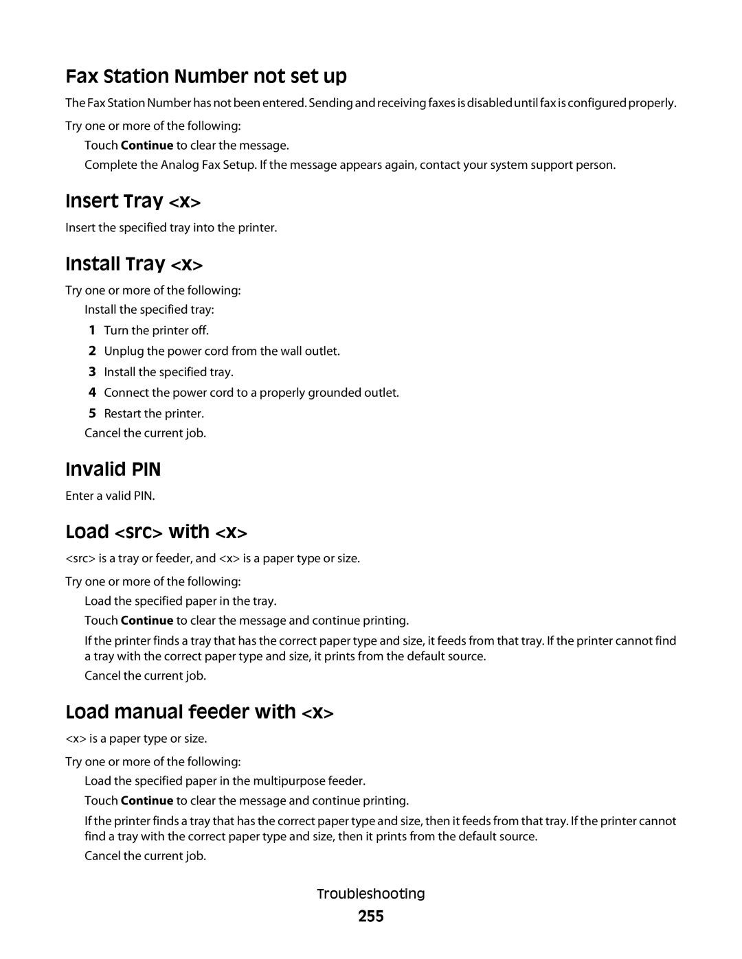 Lexmark n11 Fax Station Number not set up, Insert Tray, Install Tray, Invalid PIN, Load src with, Load manual feeder with 