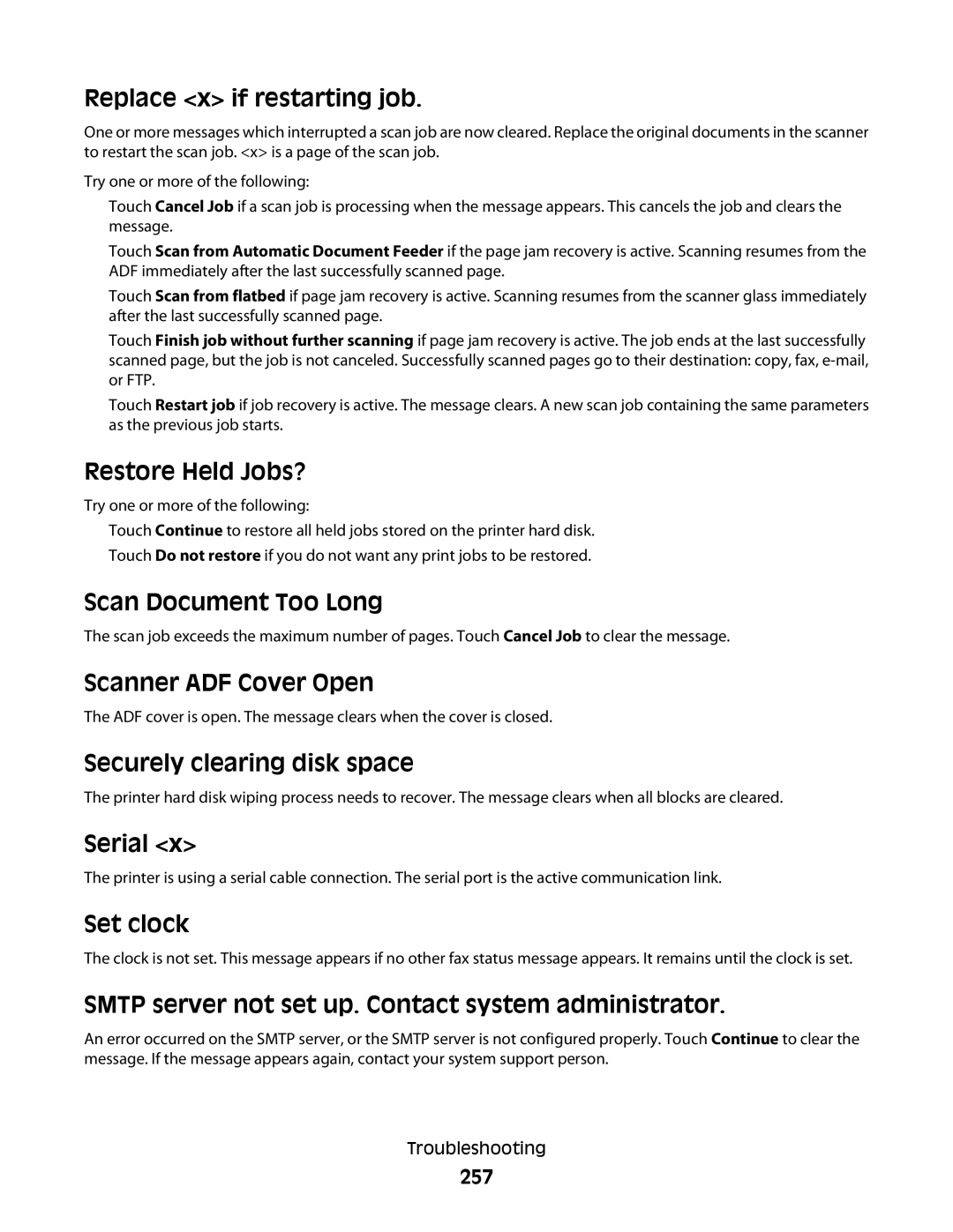 Lexmark X46X, 431 Replace x if restarting job, Restore Held Jobs?, Scan Document Too Long, Scanner ADF Cover Open, Serial 