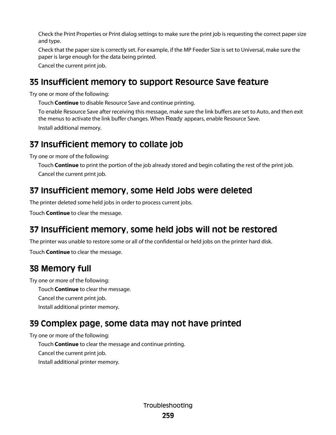 Lexmark 13C1265, 431 Insufficient memory to support Resource Save feature, Insufficient memory to collate job, Memory full 