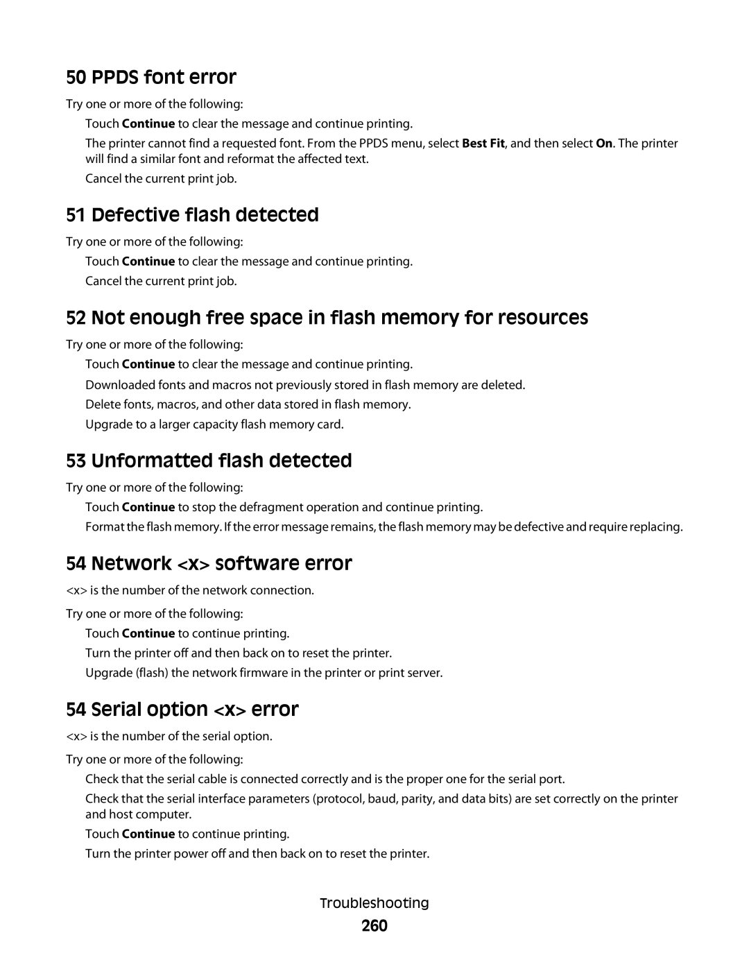 Lexmark 13C0086, X466de, 431 Ppds font error, Defective flash detected, Not enough free space in flash memory for resources 