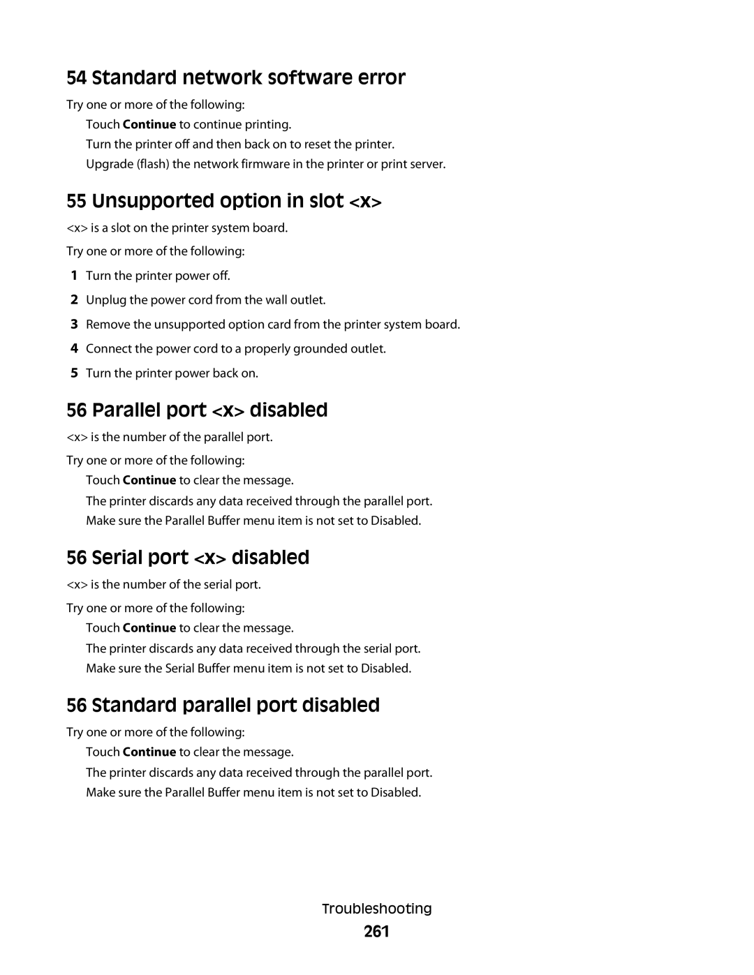 Lexmark 13C1262, X466de, X464de, 431 Standard network software error, Unsupported option in slot, Parallel port x disabled 