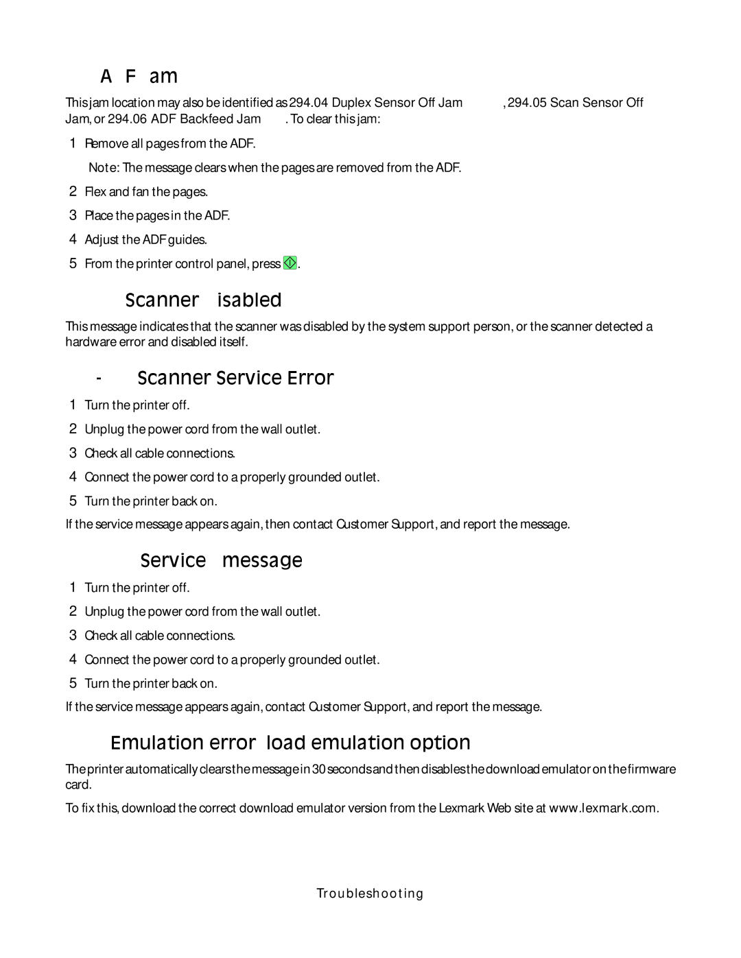 Lexmark X464de ADF Jam, Scanner Disabled, Scanner Service Error, Service message, Emulation error, load emulation option 