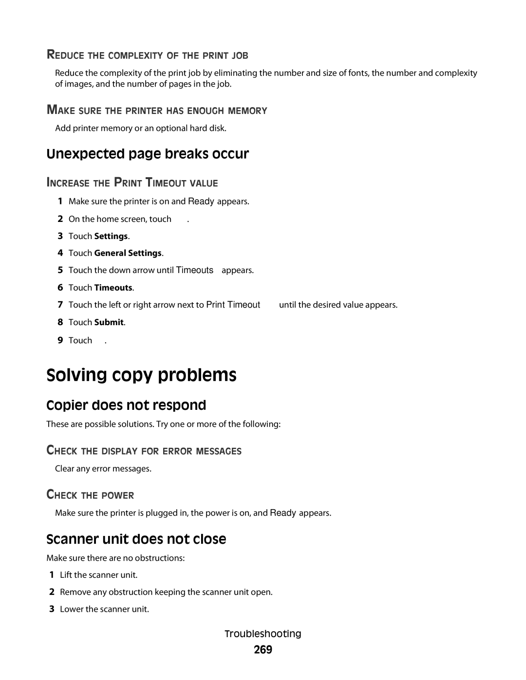 Lexmark g02 Solving copy problems, Unexpected page breaks occur, Copier does not respond, Scanner unit does not close, 269 