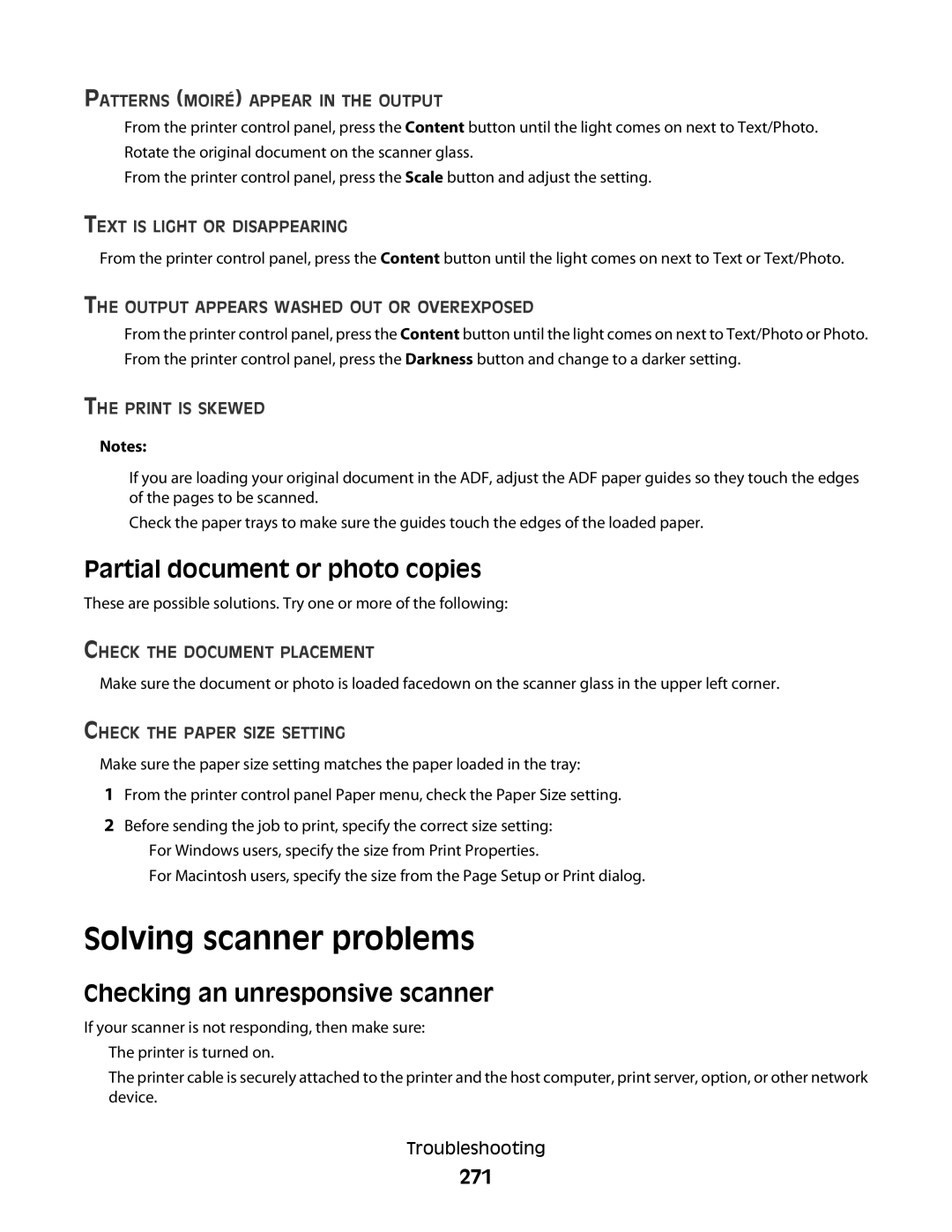 Lexmark g11, X466de, 431 Solving scanner problems, Partial document or photo copies, Checking an unresponsive scanner, 271 