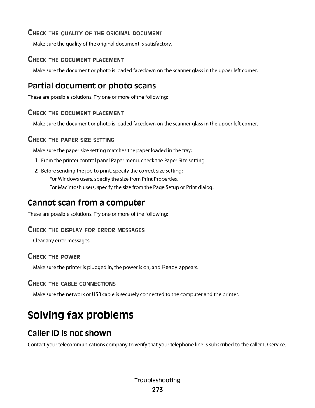 Lexmark hn2 Solving fax problems, Partial document or photo scans, Cannot scan from a computer, Caller ID is not shown 