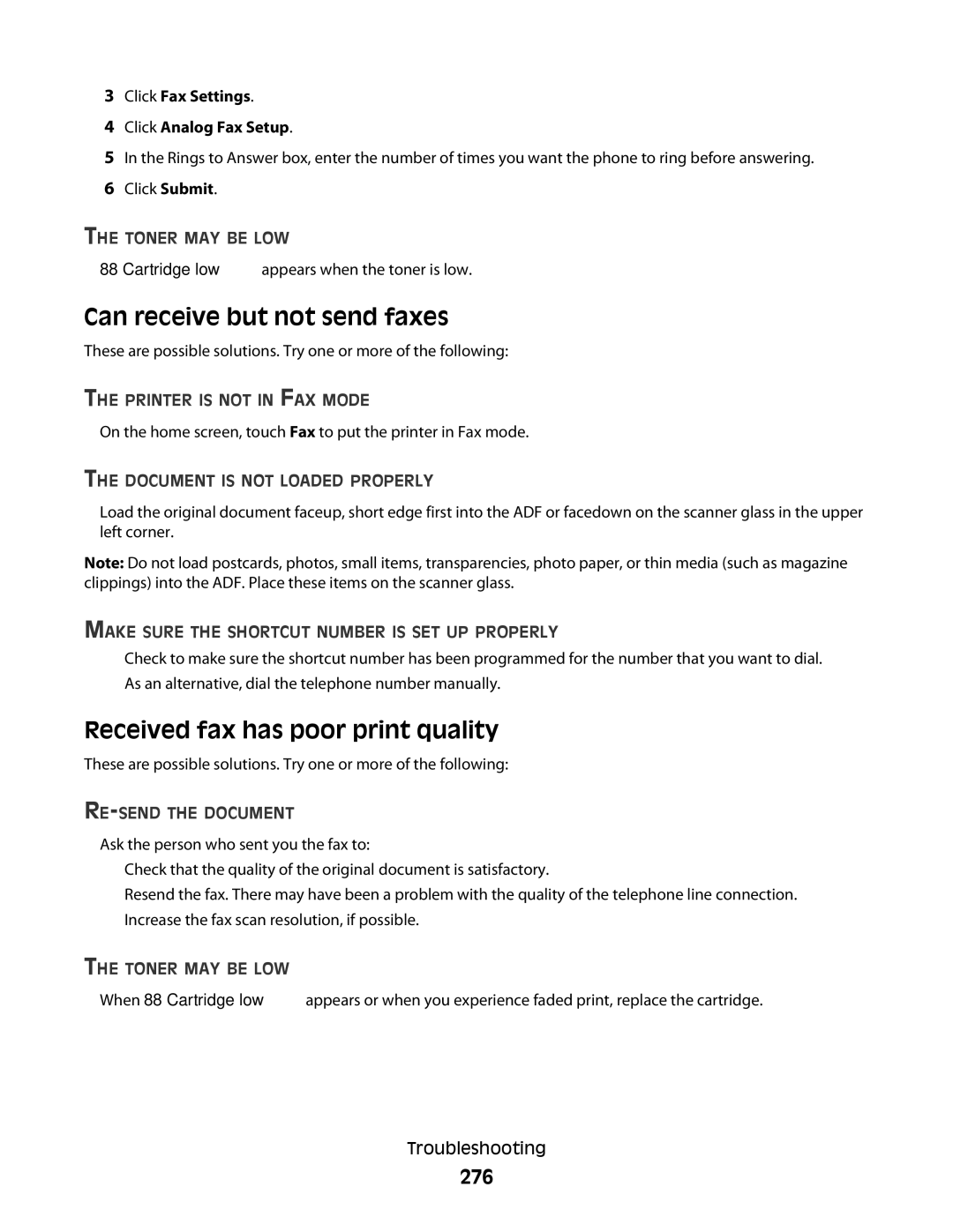 Lexmark wh1, X466de, X464de, 431, 63W, 636, g02, g12 Can receive but not send faxes, Received fax has poor print quality, 276 