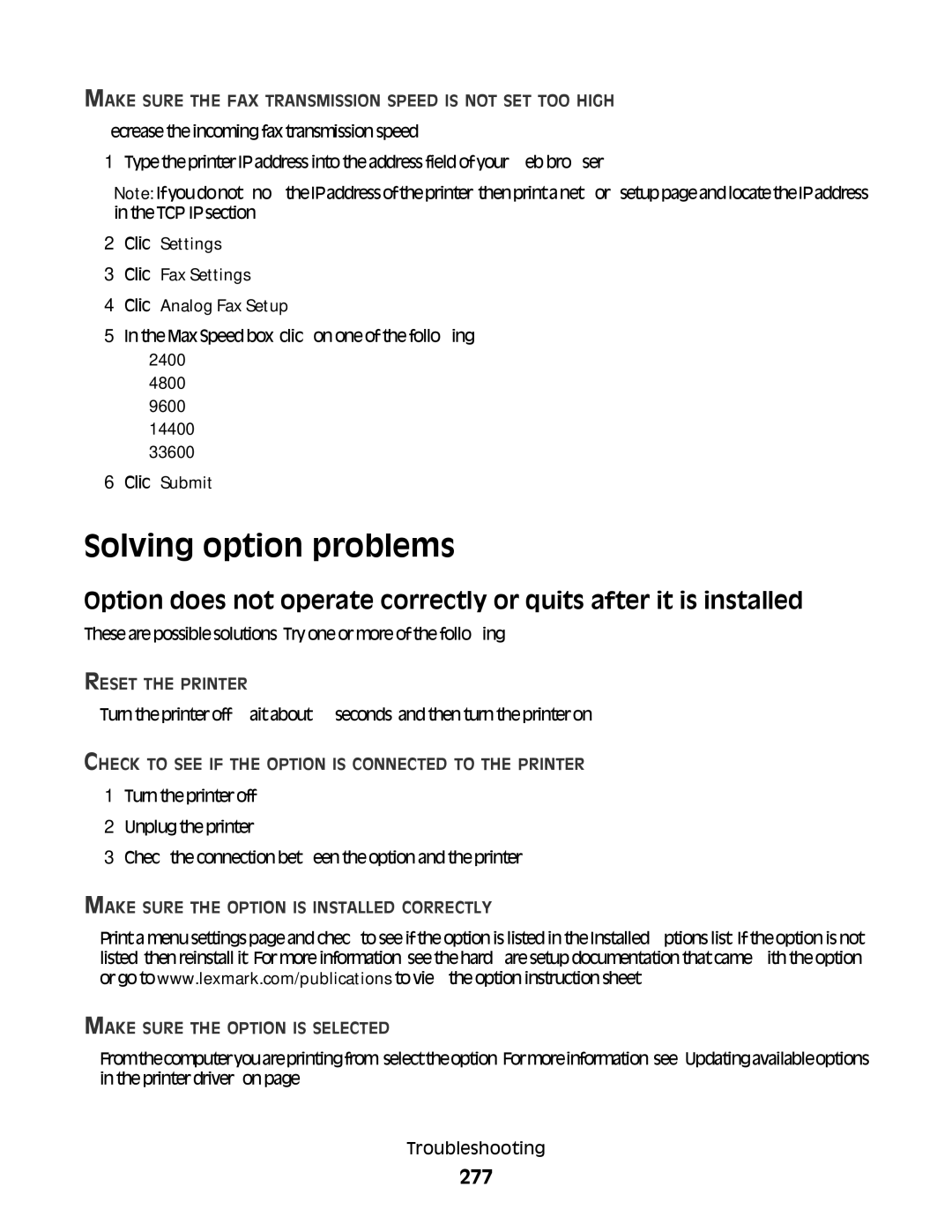 Lexmark n11, 431 Solving option problems, 277, Make Sure the FAX Transmission Speed is not SET TOO High, Reset the Printer 