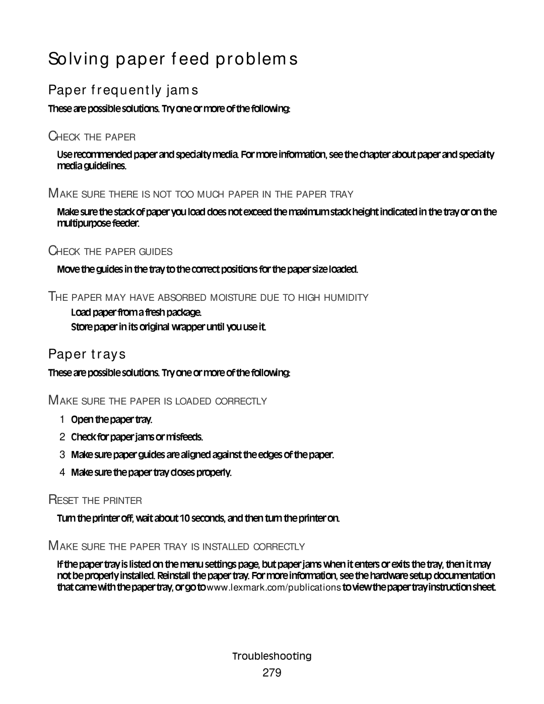 Lexmark X46X, X466de, X464de, 431, 63W, 636, g02, g12, g11 Solving paper feed problems, Paper frequently jams, Paper trays, 279 