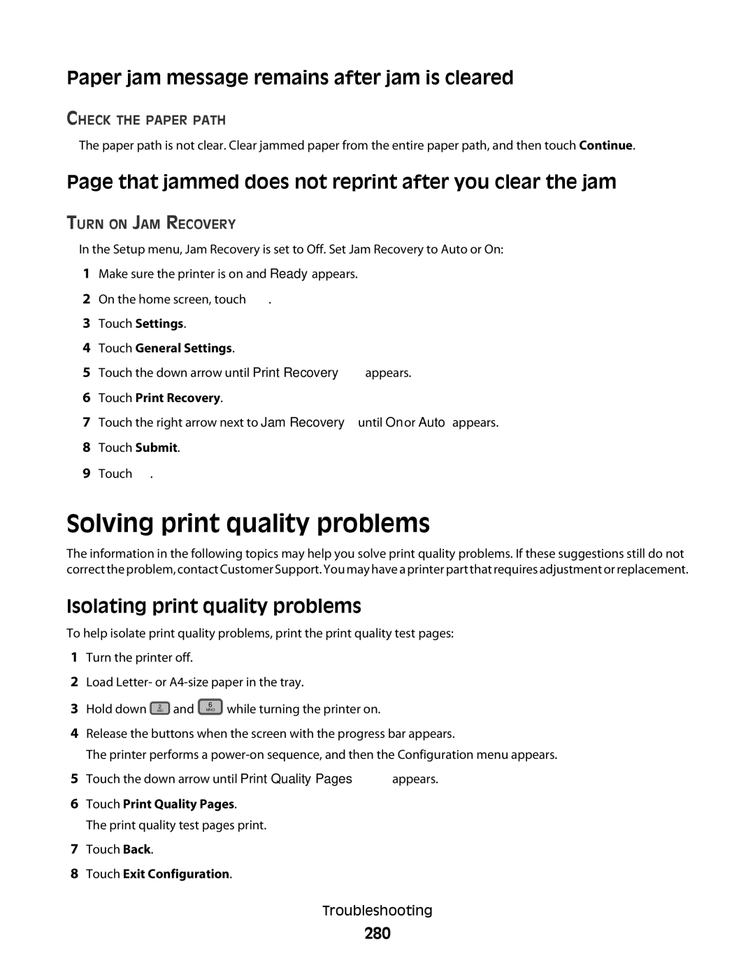 Lexmark X466dte, X466de, X464de, 431, 63W Solving print quality problems, Paper jam message remains after jam is cleared, 280 