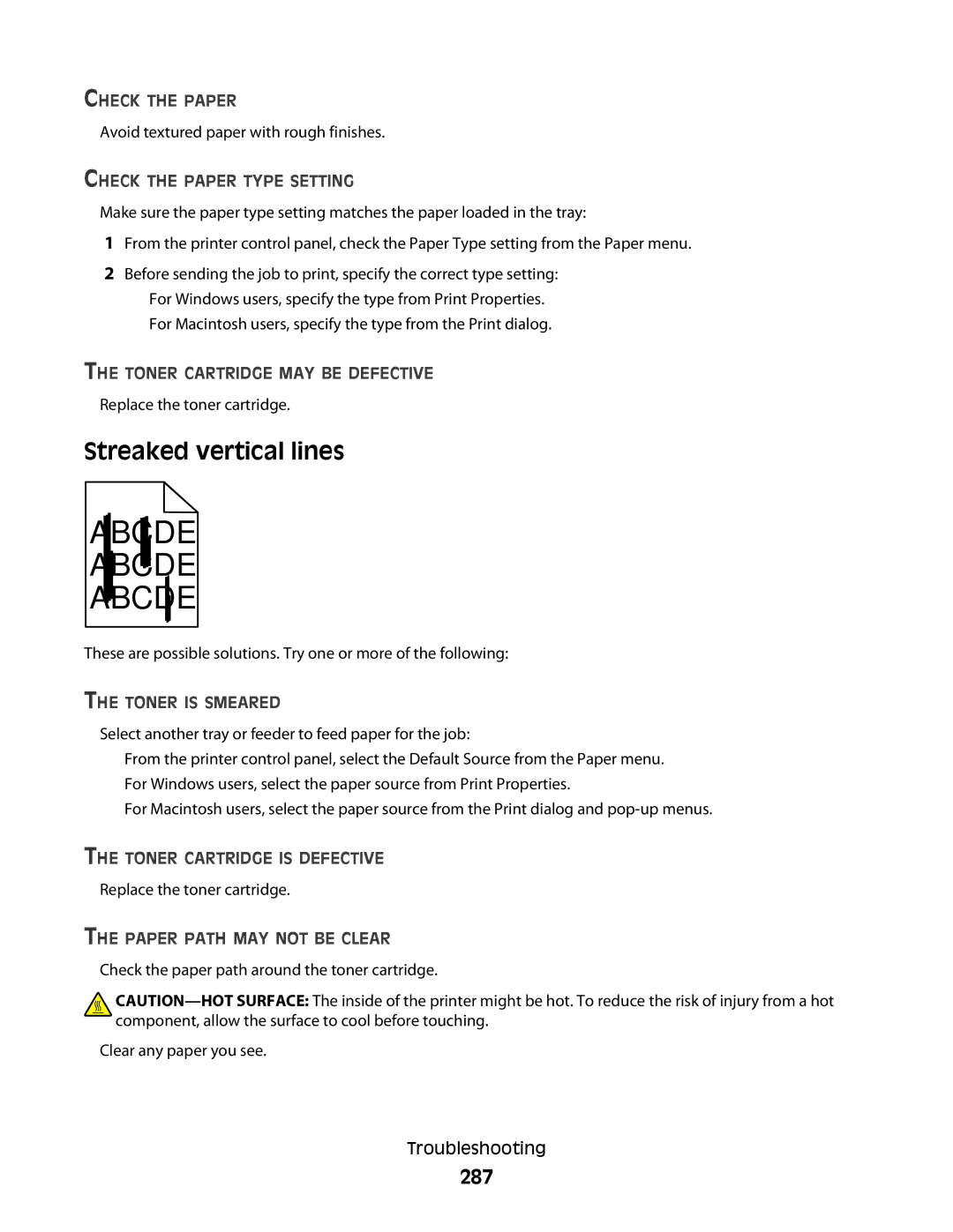 Lexmark X464de Streaked vertical lines, 287, Toner is Smeared, Toner Cartridge is Defective, Paper Path MAY not be Clear 