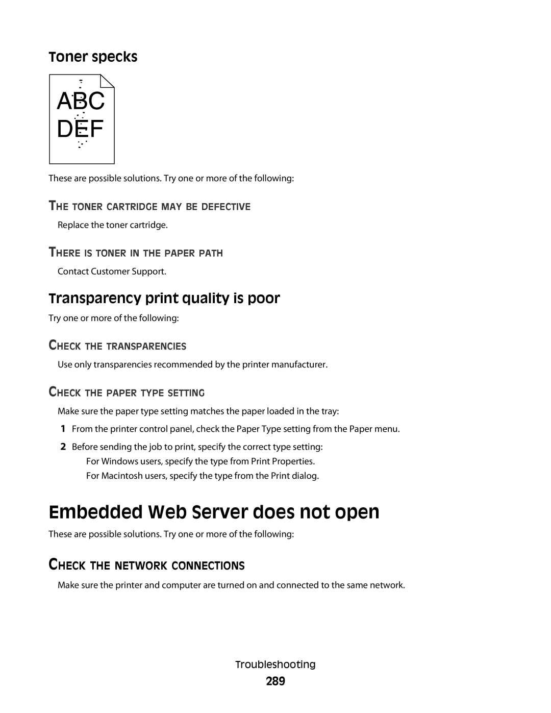 Lexmark 63W, X466de, X464de, 431 Embedded Web Server does not open, Toner specks, Transparency print quality is poor, 289 