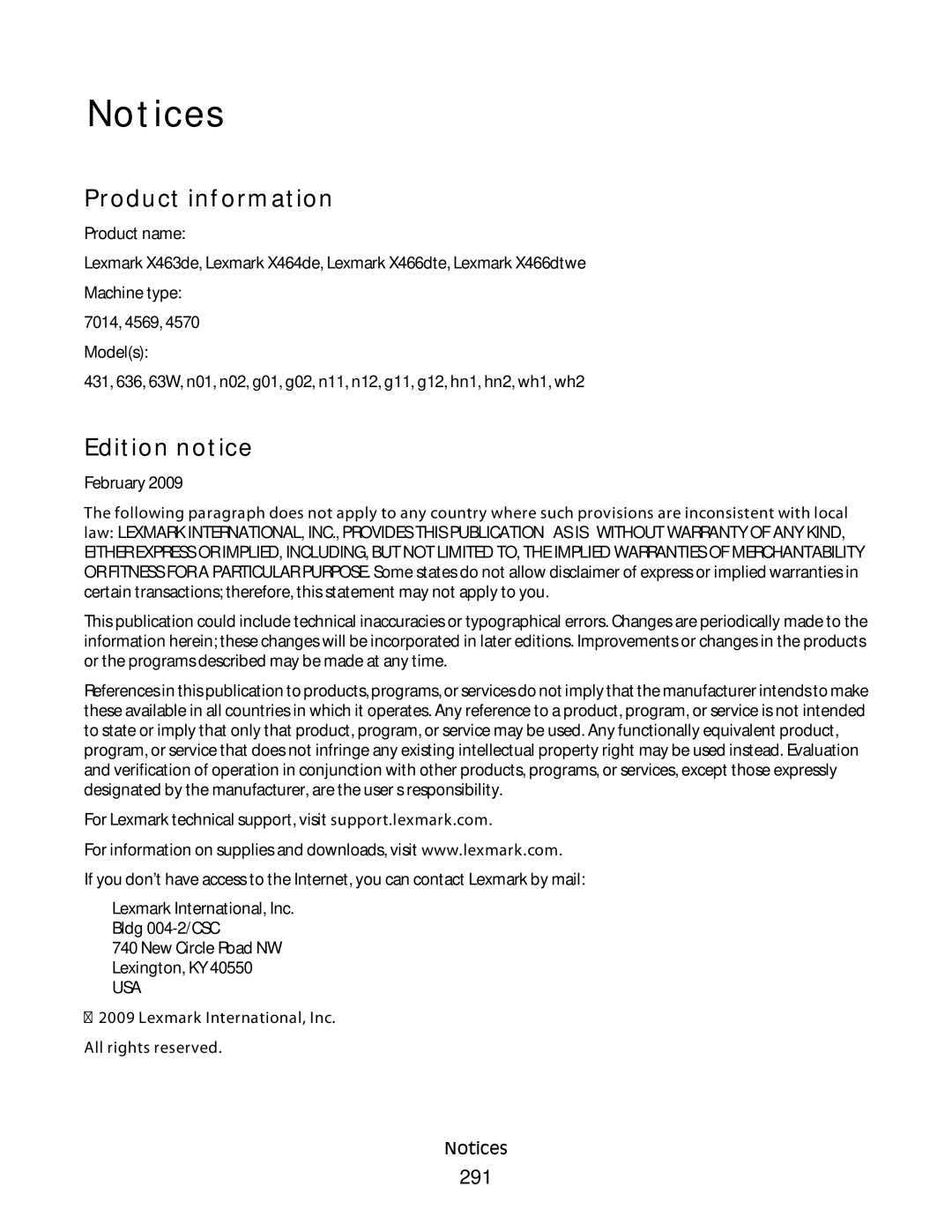 Lexmark g02, X466de, X464de, 431 Product information, Edition notice, 291, Lexmark International, Inc. All rights reserved 