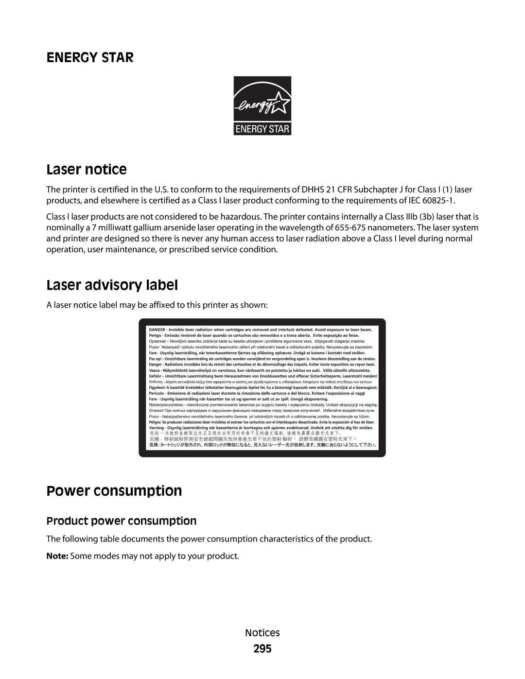 Lexmark hn2, X466de, X464de, 431, 63W Laser notice, Laser advisory label, Power consumption, 295, Product power consumption 